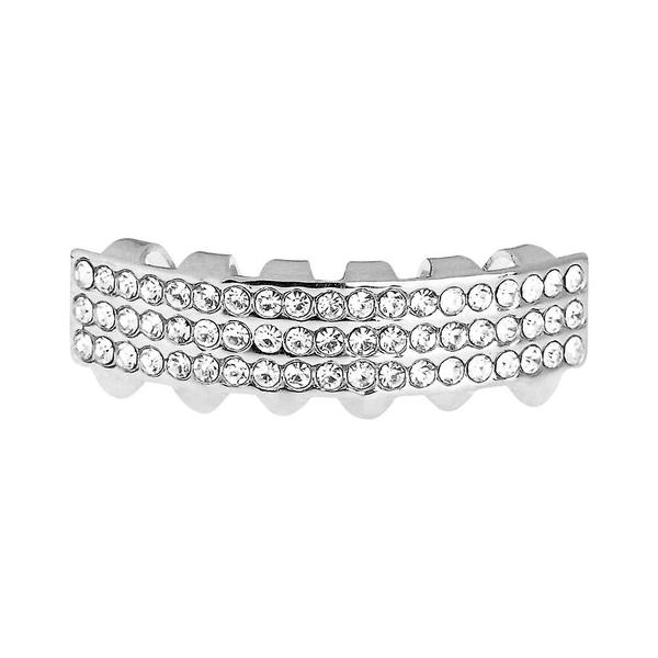 Grillz - Silver Plated - Large Top Only - 3 Row Iced Bling Mouth Hip Hop Teeth