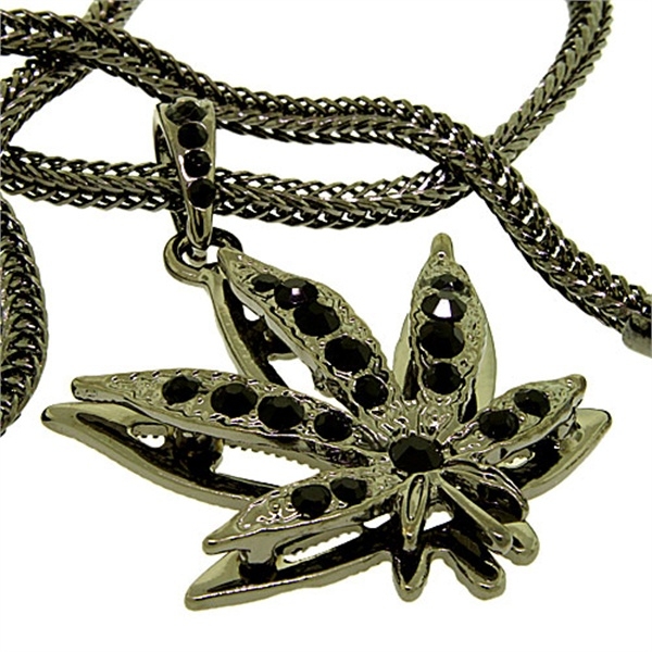 Gunmetal Hip Hop Bling Iced Out Leaf Pendant with 24 inch Chain Necklace
